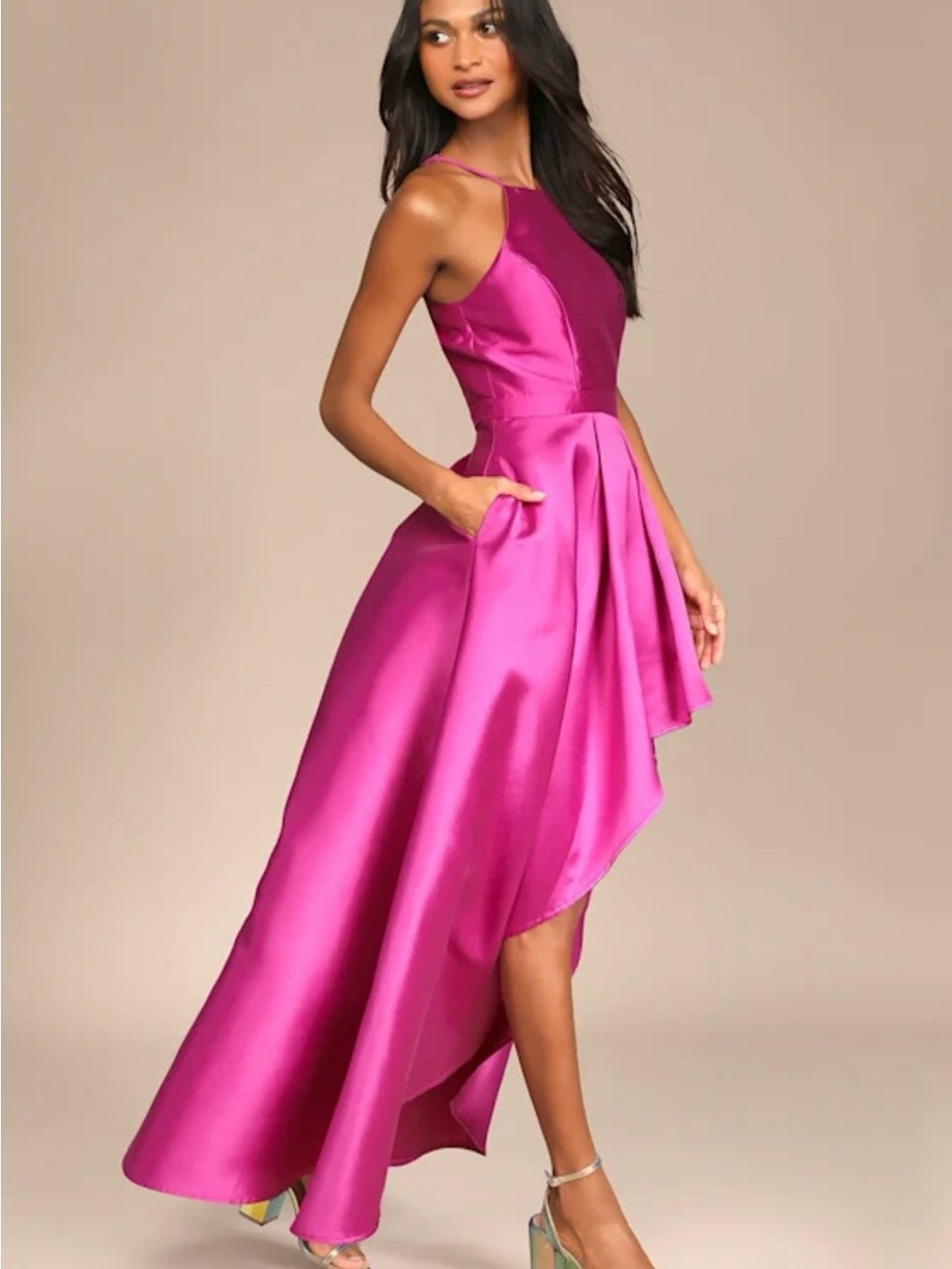 Lulu's Satin High-Low Party Dress in Fuchsia